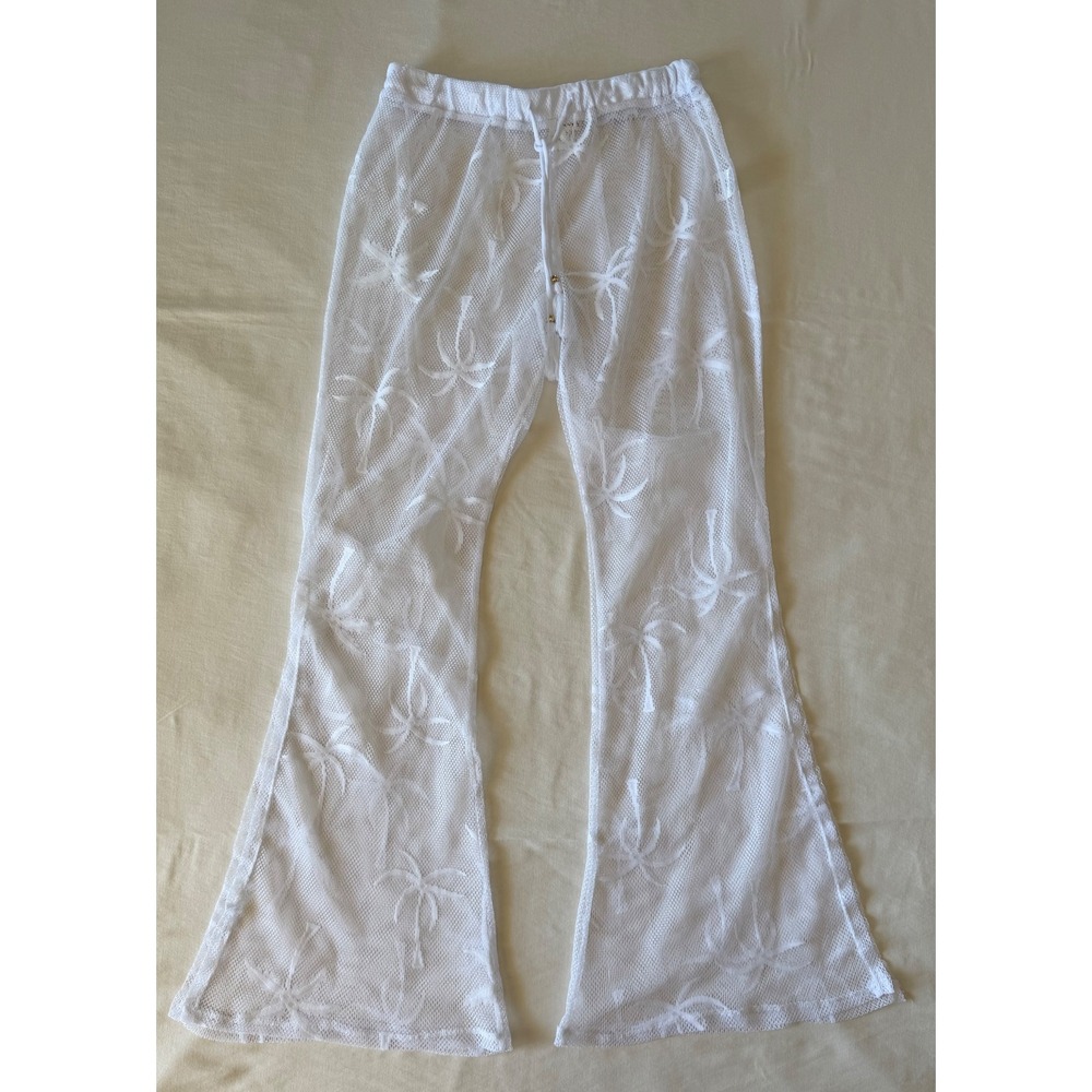 Miken Swim White‎ Mesh Palm Tree Flare Beach Cover Up Pants Small I6068K073R4 - Picture 2 of 9
